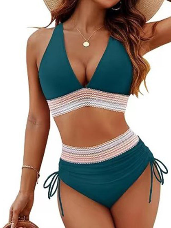 Levoire | Taille haute bikini deux pièces V-string trou lacet Gâteau de jour bleu