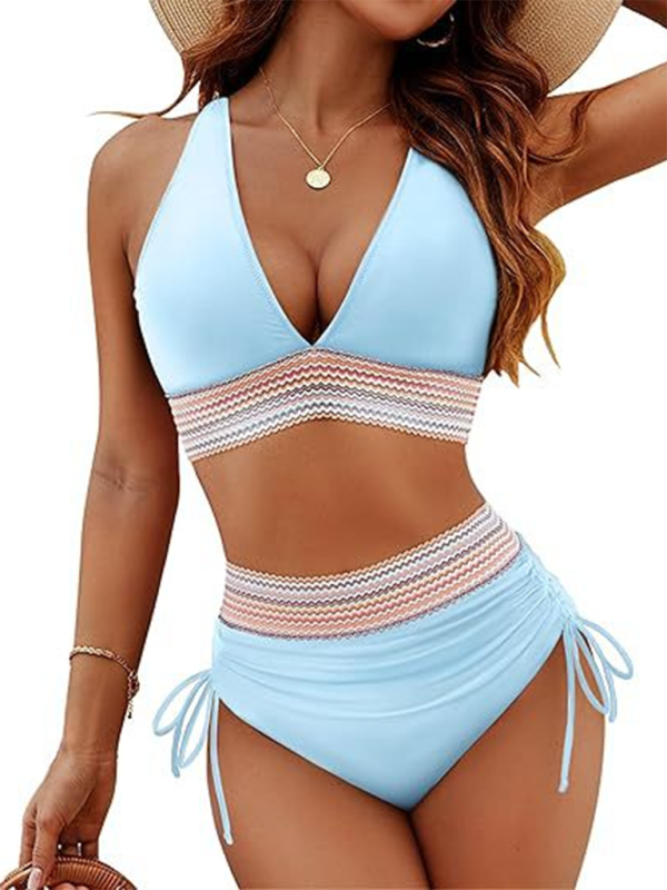 Levoire | Taille haute bikini deux pièces V-string trou lacet Azur ciel