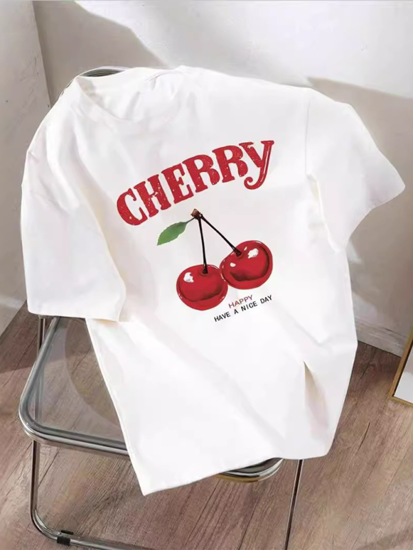 Levoire | Surdimensionné t-shirt blanc simple décontracté à manches courtes motif cerise polyvalent