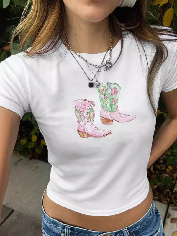 Levoire | Y2K Bottes Impression Courte Mode Chaud Filles T-shirt Blanc