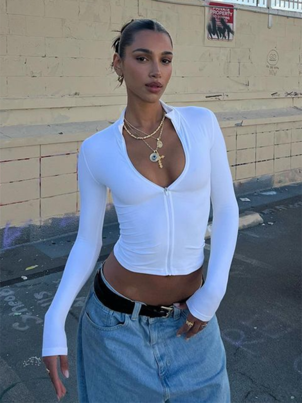 Levoire | Zip slim fit ventre lissant sexy cool chaud soutien-gorge mettant en valeur tendance mince t-shirt à manches longues Blanc