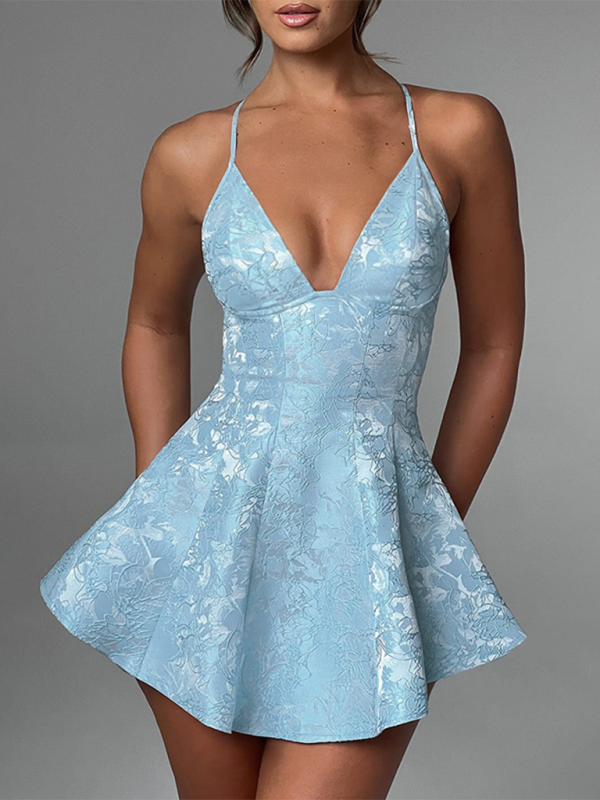 Levoire | Sexy Profond V Slim Jacquard A-Ligne Robe Bleu