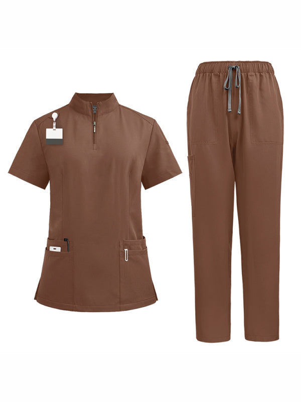 Levoire | Col montant zip médecin infirmière vêtements de travail blouse d'opération blouse de nettoyage blouse de salle d'opération pantalon droit uni Braun