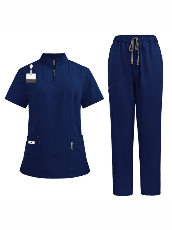 Levoire | Col montant zip médecin infirmière vêtements de travail blouse d'opération blouse de nettoyage blouse de salle d'opération pantalon droit uni Violet-bleu ciel bleu marine