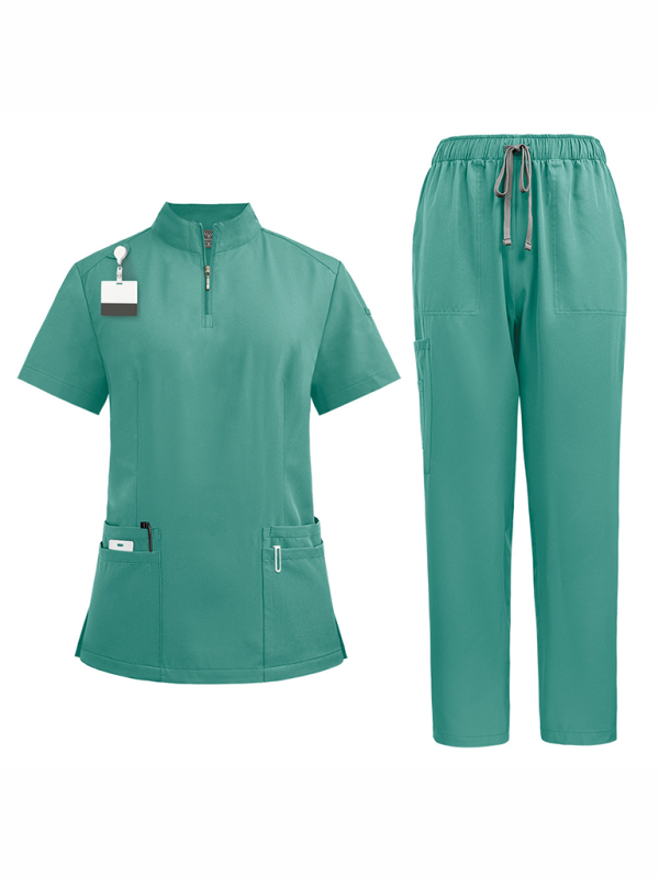 Levoire | Col montant zip médecin infirmière vêtements de travail blouse d'opération blouse de nettoyage blouse de salle d'opération pantalon droit uni Vert