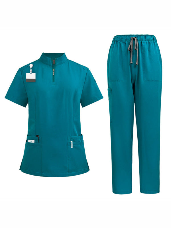 Levoire | Col montant zip médecin infirmière vêtements de travail blouse d'opération blouse de nettoyage blouse de salle d'opération pantalon droit uni Bleu sûr
