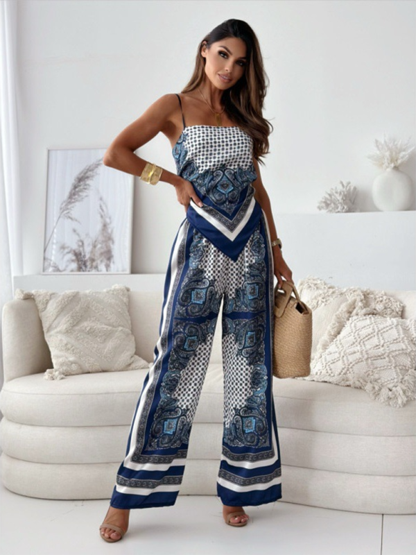 Levoire | Nouveau haut bustier à imprimé floral + pantalon à fleurs ensemble deux pièces Violet-bleu ciel bleu marine