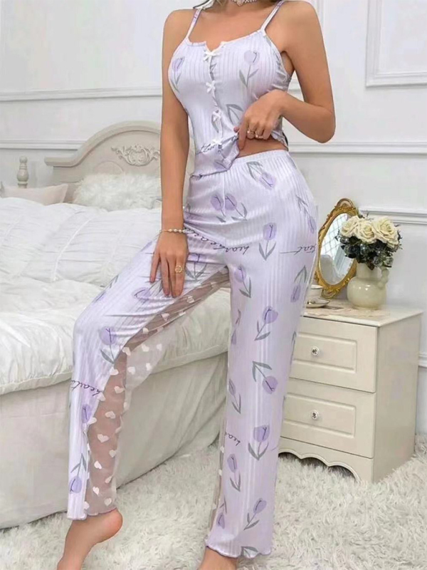 Levoire | Nouvelle coordination des couleurs de vêtements d'intérieur Ensemble de pyjama à bretelles avec front ouvert Miroir de réseau Abréviation