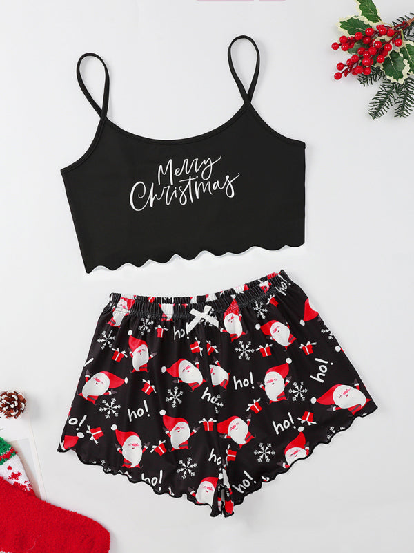 Levoire | Lettre de Noël Élan Imprimé bonnet de Noël haut sans manches shorts simple décontracté ensemble d'intérieur Muster2