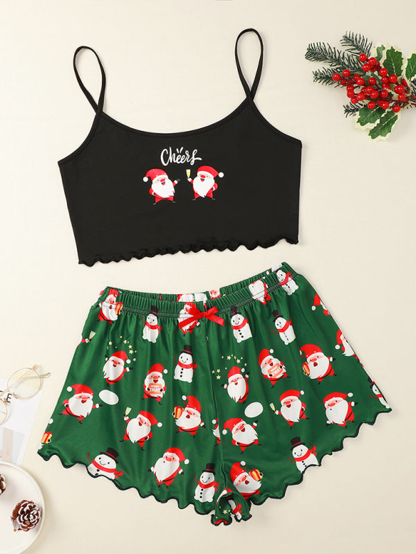 Levoire | Lettre de Noël Élan Imprimé bonnet de Noël haut sans manches shorts simple décontracté ensemble d'intérieur Muster3