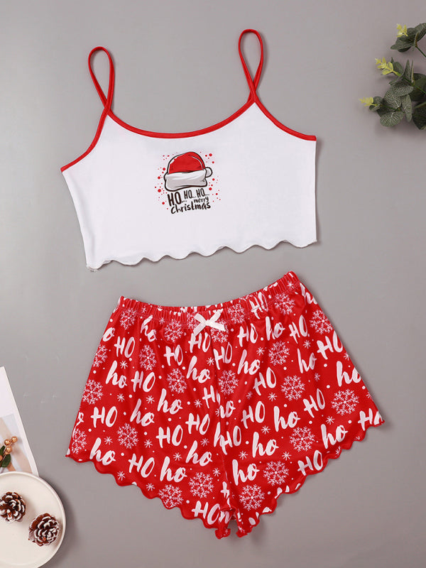 Levoire | Lettre de Noël Élan Imprimé bonnet de Noël haut sans manches shorts simple décontracté ensemble d'intérieur Roue