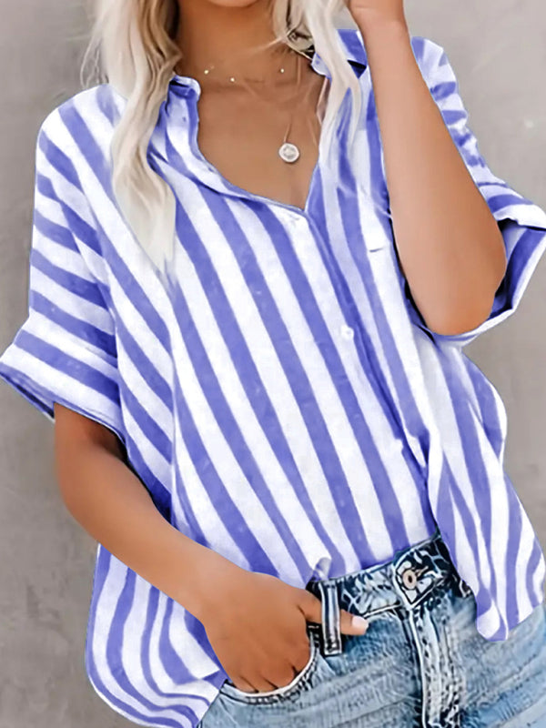 Levoire | Femme à rayures bicolores en tricot veste blouse à manches courtes Denim Bleu