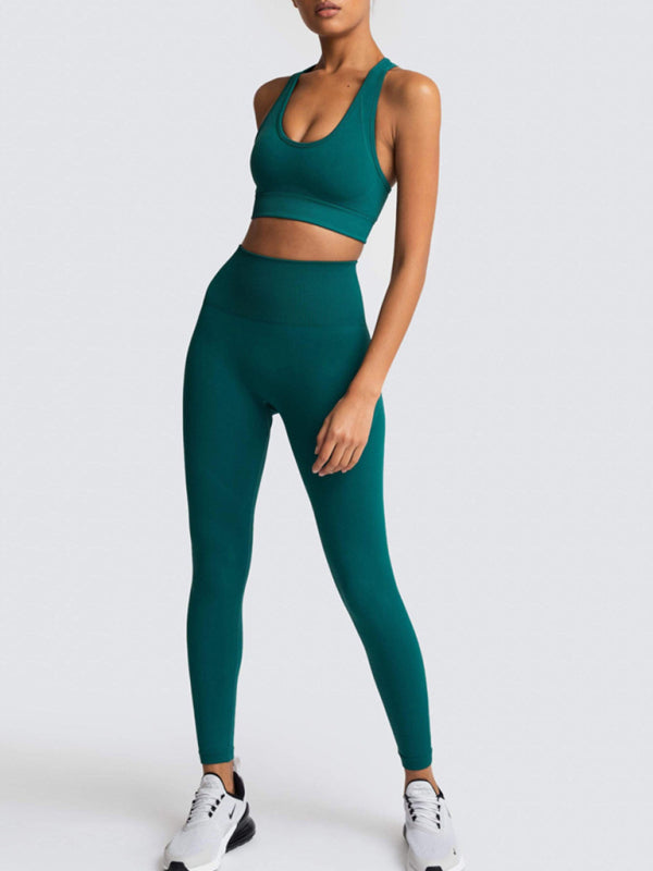 Levoire | Dame Magnifique Dos Taille Haute Pêche Hanches Sans Couture Tricoté Gilet Pantalon Deux Pièces Ensemble Vert noir Jasper