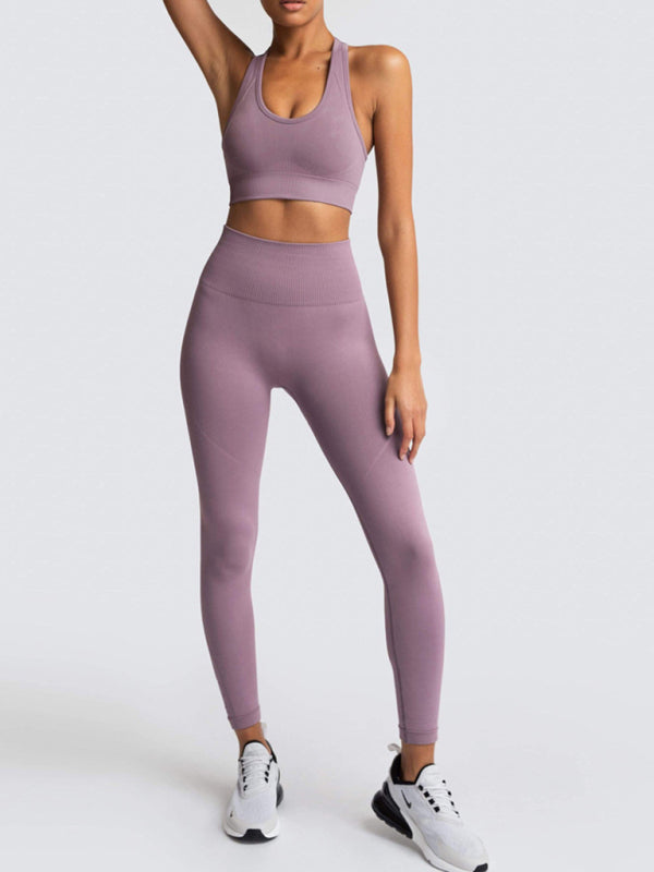 Levoire | Dame Magnifique Dos Taille Haute Pêche Hanches Sans Couture Tricoté Gilet Pantalon Deux Pièces Ensemble Violet foncé