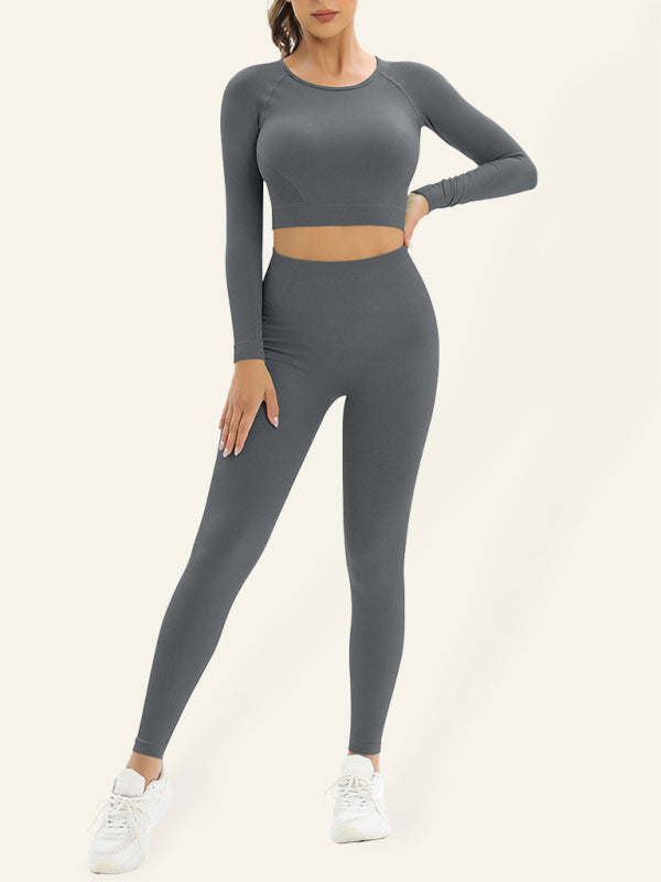 Levoire | Femmes sans couture près du corps beau dos haute élastique à manches longues ensemble de sport deux pièces Gris anthracite
