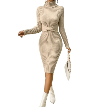 Levoire | Robe À Col Montant Et Taille Accentuée Beige