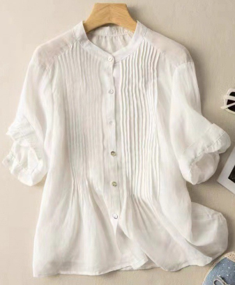 Levoire | Chemise à manches courtes plissées élégante et décontractée pour dames, couleur pure Blanc