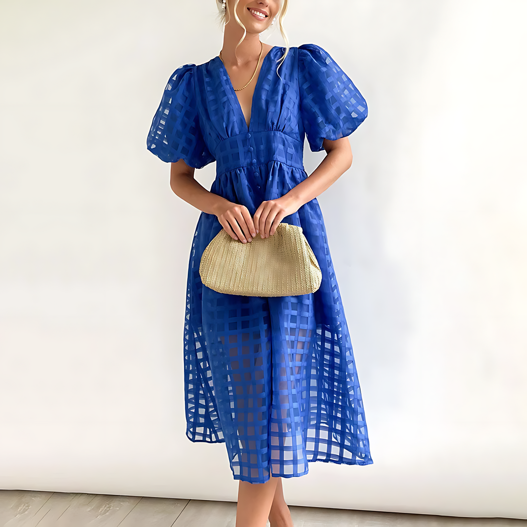 Levoire | Robe Midi Unique Avec Manches Bouffantes Bleu