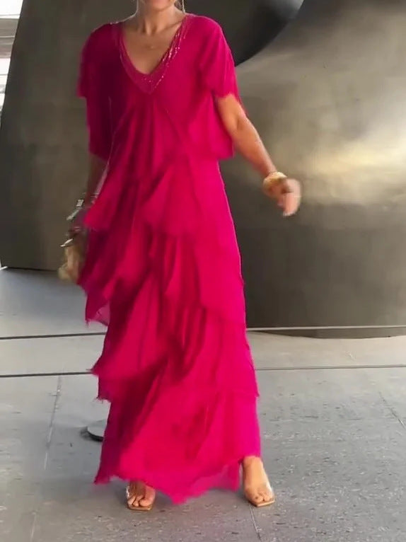 Levoire | Robe Longue Élégante Avec Motif Floral Fuchsia