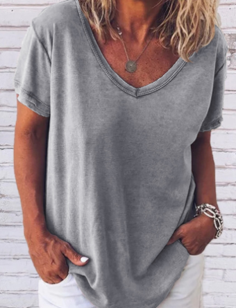 Levoire | shirt Gris Clair Uni Décontracté à Manches Courtes et col en V