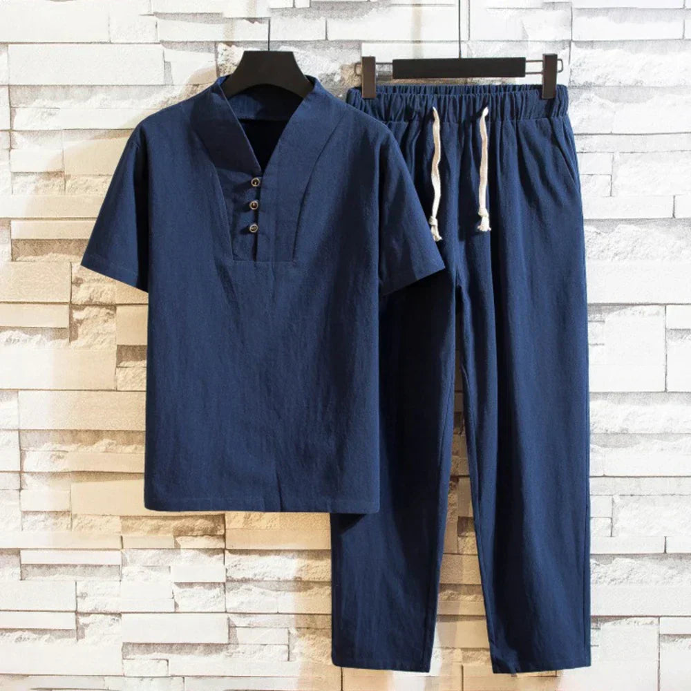 Levoire | Ensemble Deux Pièces Avec Une Chemise À Manches Courtes Décontractée Et Un Pantalon Avec Cordon De Serrage Bleu foncé