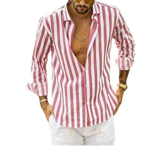 Levoire | Chemise En Coton Raye Intemporel Hommes Rose Blanc 4XL