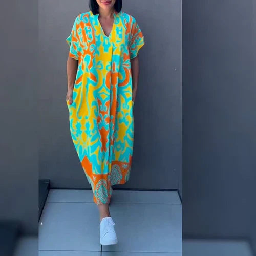 Levoire | Robe Kaftan À Imprimé Énergique Avec Coupe Détendue Pour Femmes Bleu - Jaune