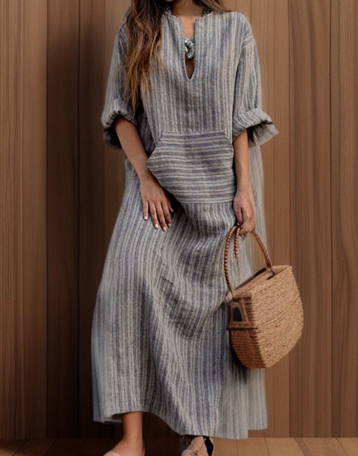 Levoire | Robe Maxi Avec Rayures Vintage Et Col En V Gris