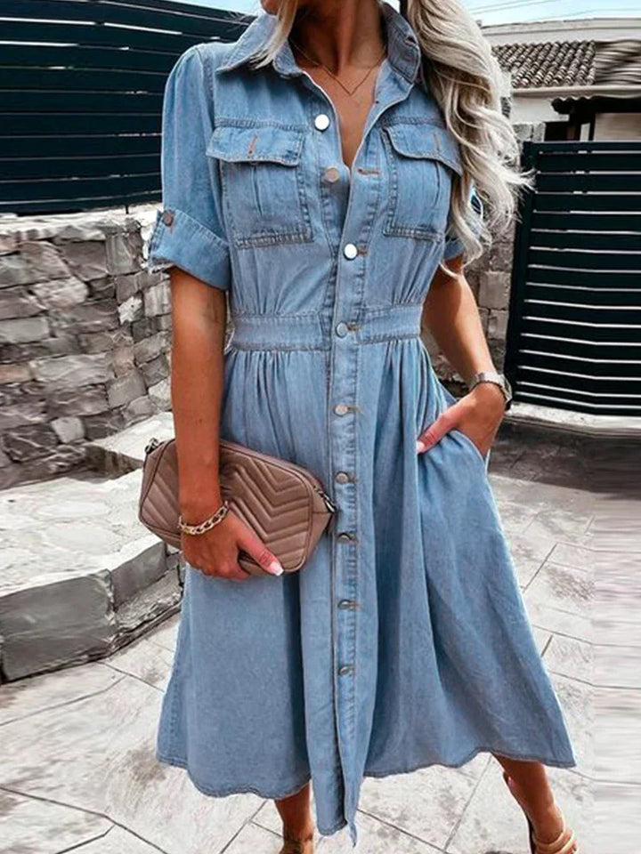 Levoire | Robe En Denim À Col Tricoté Pour Femmes Avec Une Rangée De Boutons