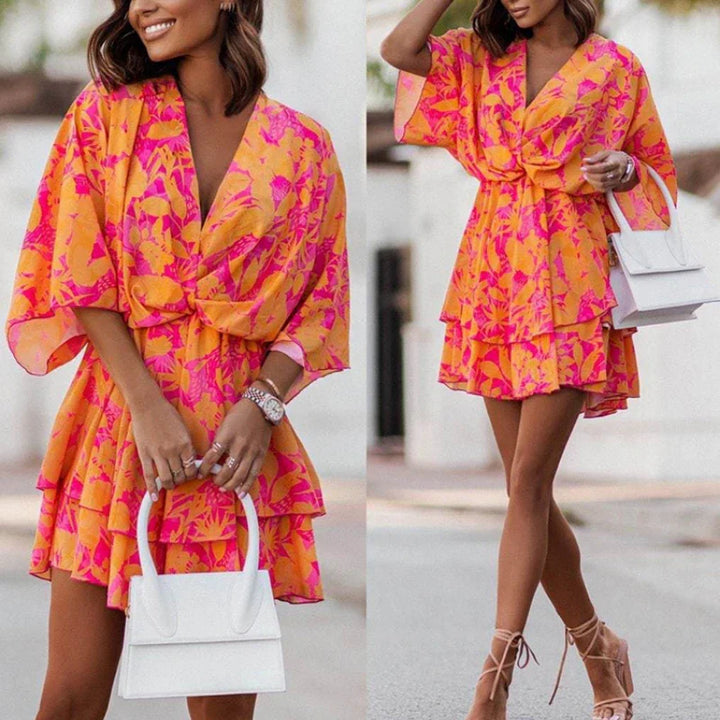 Levoire | Robes À Manches Courtes Pour Dames Été Boho Motif Floral Taille Haute
