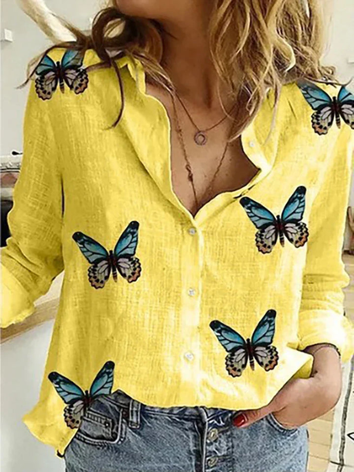 Levoire | Blouses Pour Femmes À Motifs Avec Une Rangée De Boutons Et Des Manches Longues Jaune avec des papillons