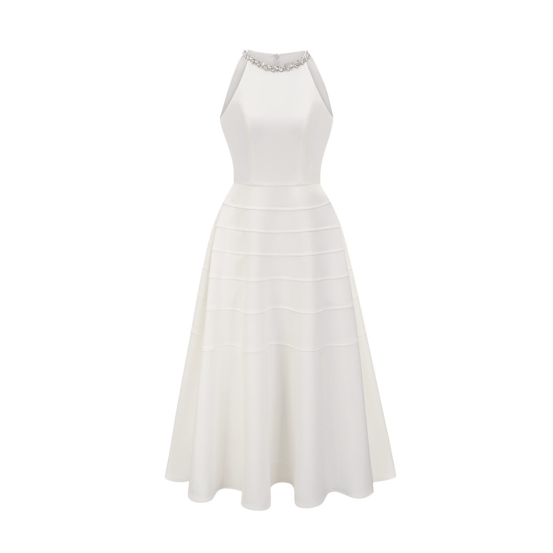 Levoire | Robe Midi Blanche Ornée De Cristaux