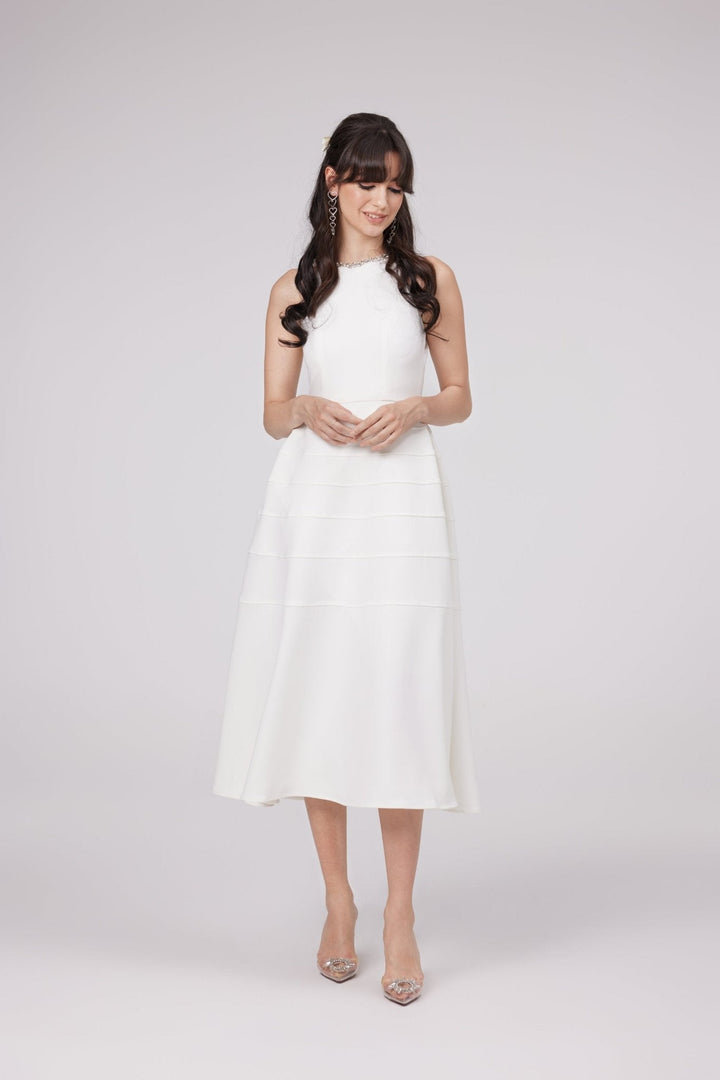 Levoire | Robe Midi Blanche Ornée De Cristaux