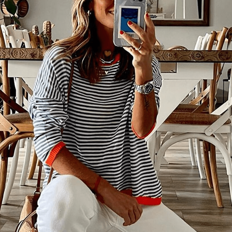 Levoire | Lavigne - Pull Rayé Bleu Avec Bord Orange