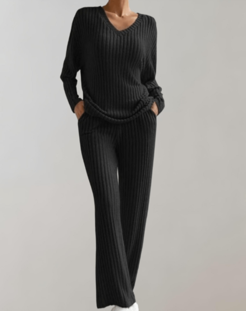 Levoire | Ensemble 2 Pièces Femme Pull Col V Pantalon Large Noir
