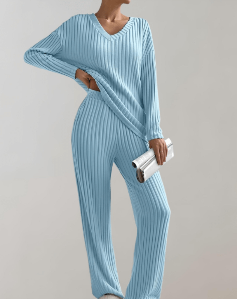 Levoire | Ensemble 2 Pièces Femme Pull Col V Pantalon Large Bleu ciel