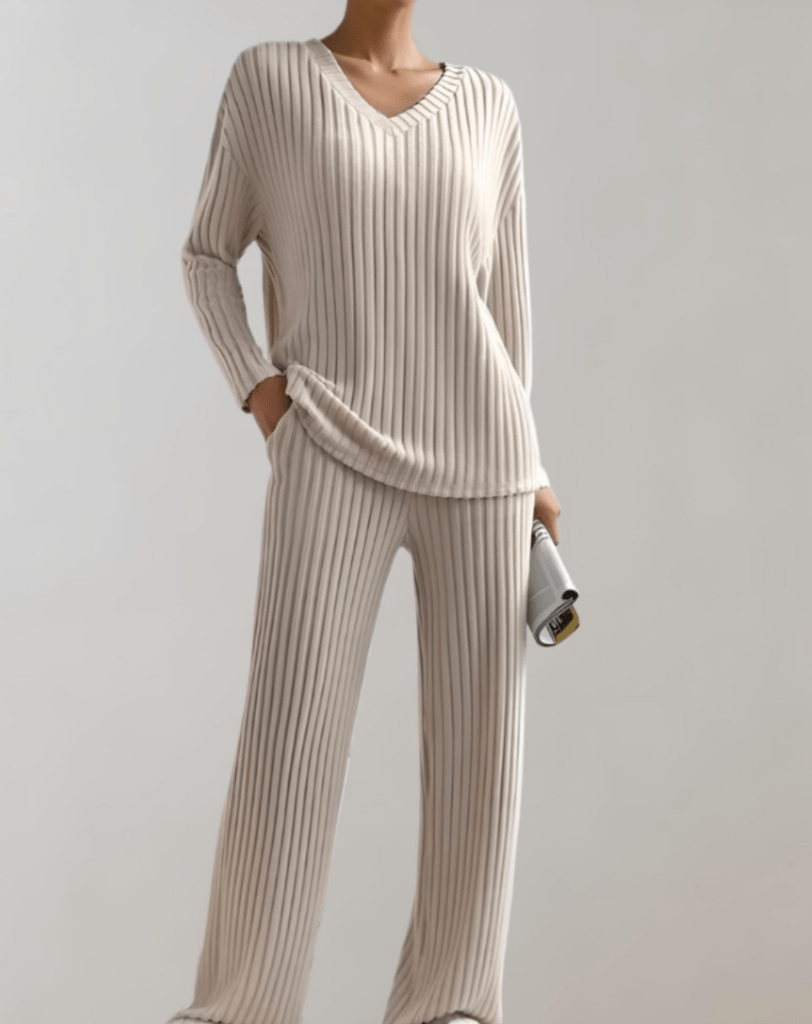 Levoire | Ensemble 2 Pièces Femme Pull Col V Pantalon Large Beige