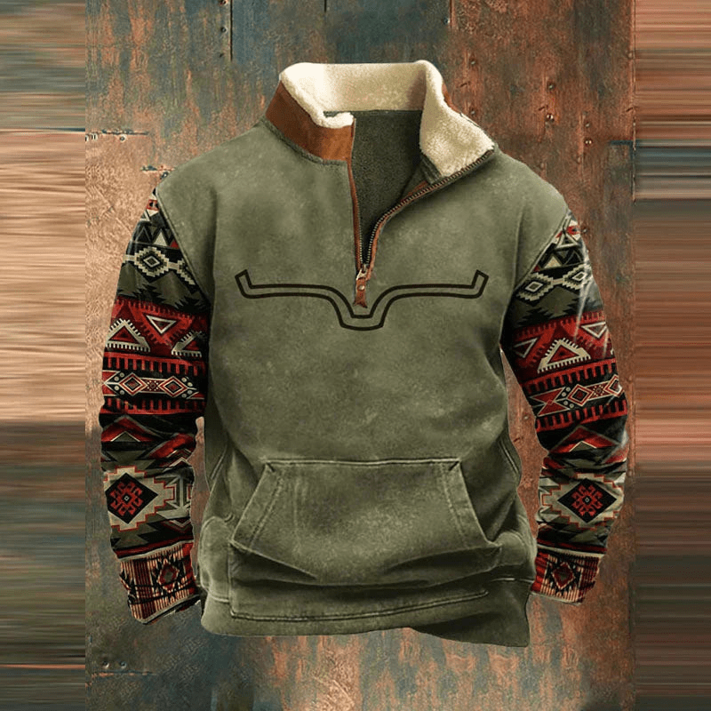 Levoire | Pull Fleece Élégant pour Hommes avec Fermeture Éclair Quart de Taille Imprimé Tribal Vert