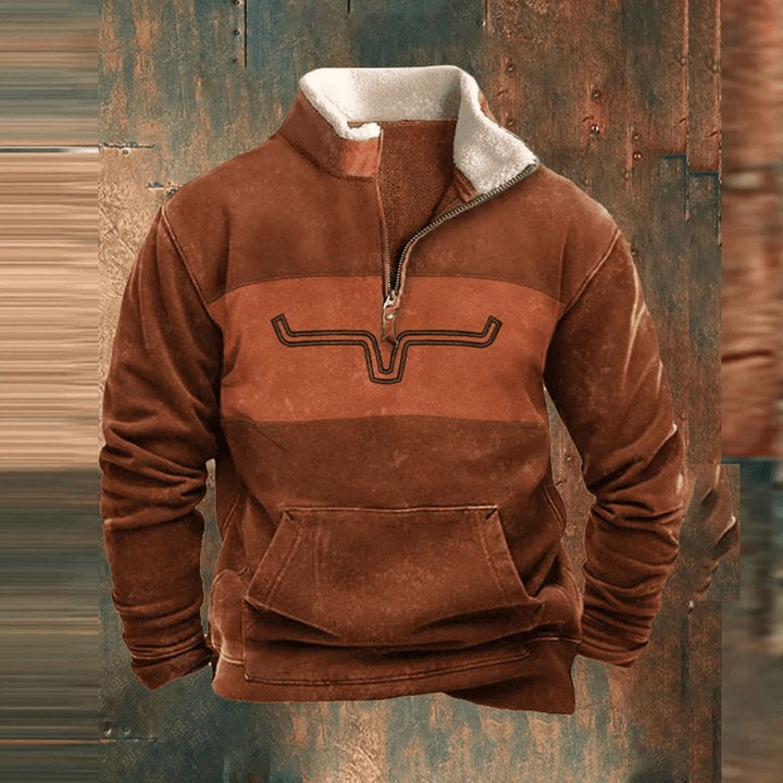 Levoire | Pull Fleece Élégant pour Hommes avec Fermeture Éclair Quart de Taille Imprimé Tribal Orange