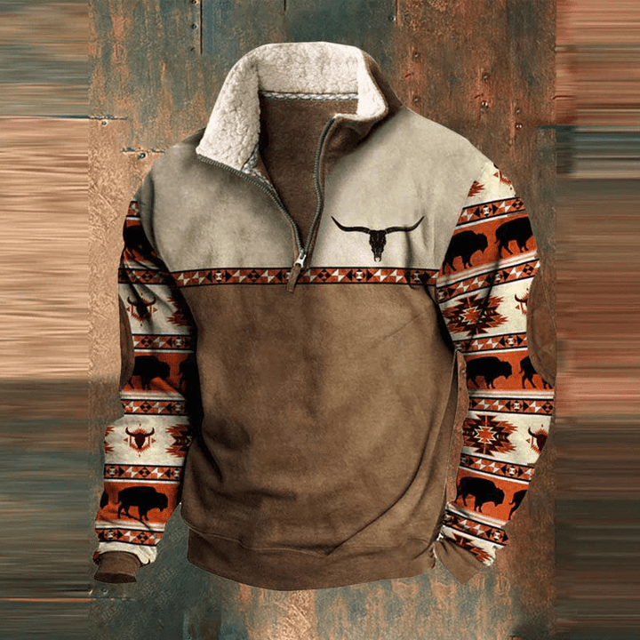 Levoire | Pull Fleece Élégant pour Hommes avec Fermeture Éclair Quart de Taille Imprimé Tribal Marron foncé