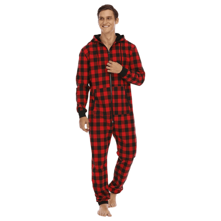 Levoire | Pyjama Onesie à carreaux pour hommes Design chaud et confortable Rot