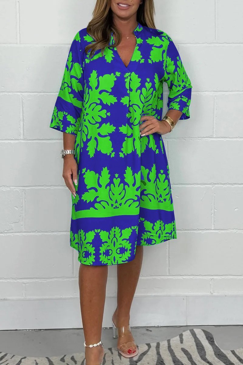 Levoire | Élégante Robe De Printemps Avec Décolleté En V Et Manches Longues Vert et Bleu Marine