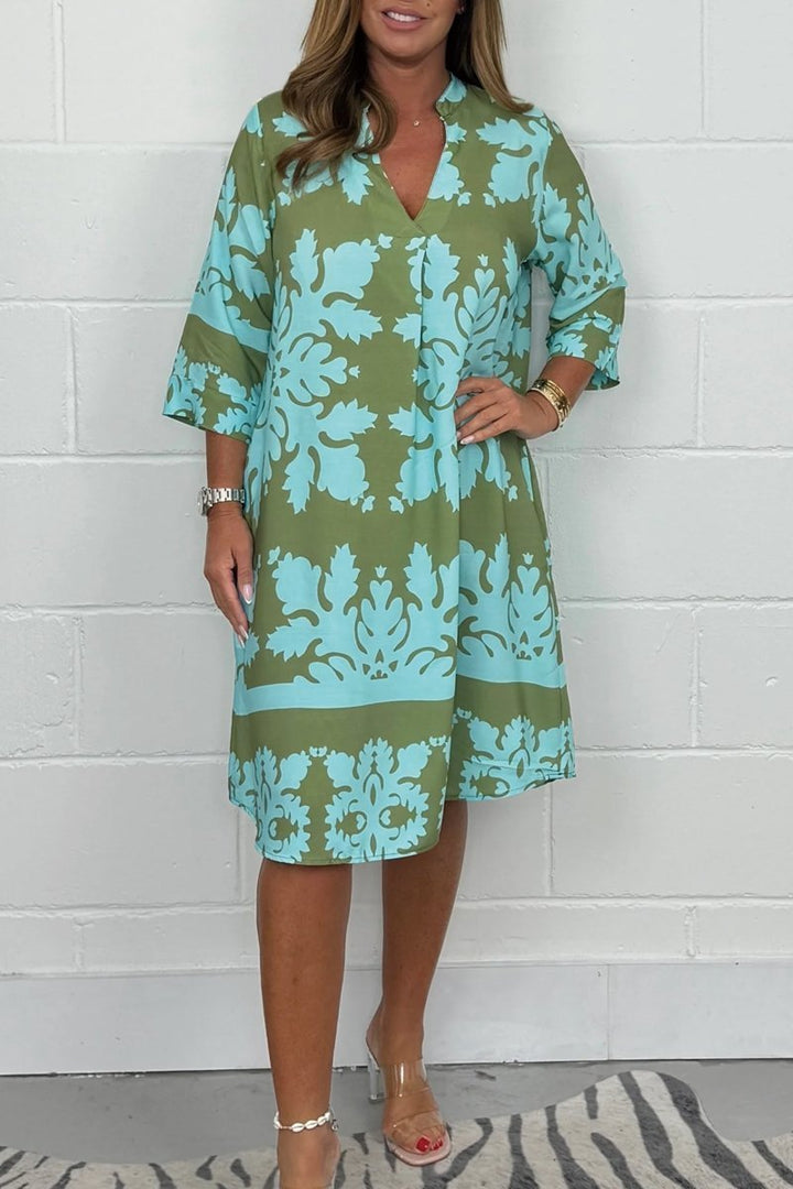 Levoire | Élégante Robe De Printemps Avec Décolleté En V Et Manches Longues Bleu et Vert Olive