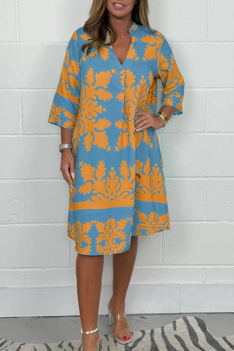 Levoire | Élégante Robe De Printemps Avec Décolleté En V Et Manches Longues Orange et Bleu