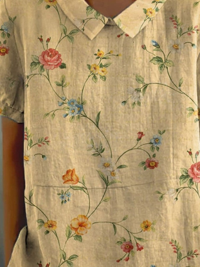 Levoire | Chemise décontractée pour femme en coton et lin avec imprimé floral rétro