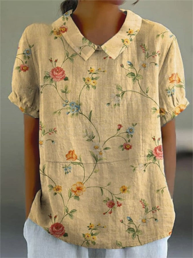 Levoire | Chemise décontractée pour femme en coton et lin avec imprimé floral rétro Beige