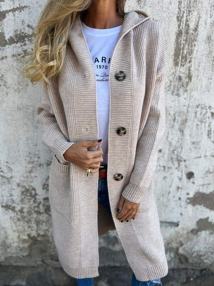 Levoire | Élégant Long Cardigan En Tricot Avec Capuche Beige