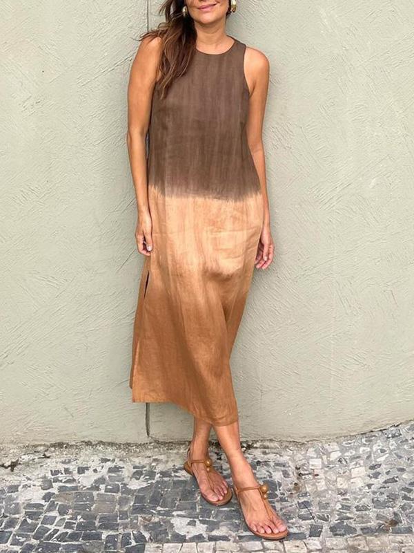Levoire | Robe Sans Manches En Cotton Et Lin Avec Fente Et Dégradé Tie-Dye Braun