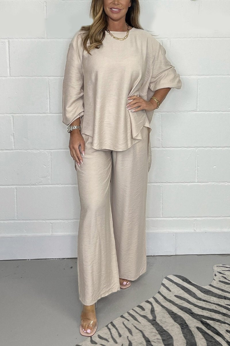 Levoire | Satin Décontracté Costume Avec Encolure Ronde Beige