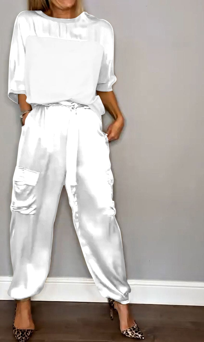 Levoire | Femmes Satin Ensembles Deux Pièces : Top À Manches Courtes Et Pantalon Blanc